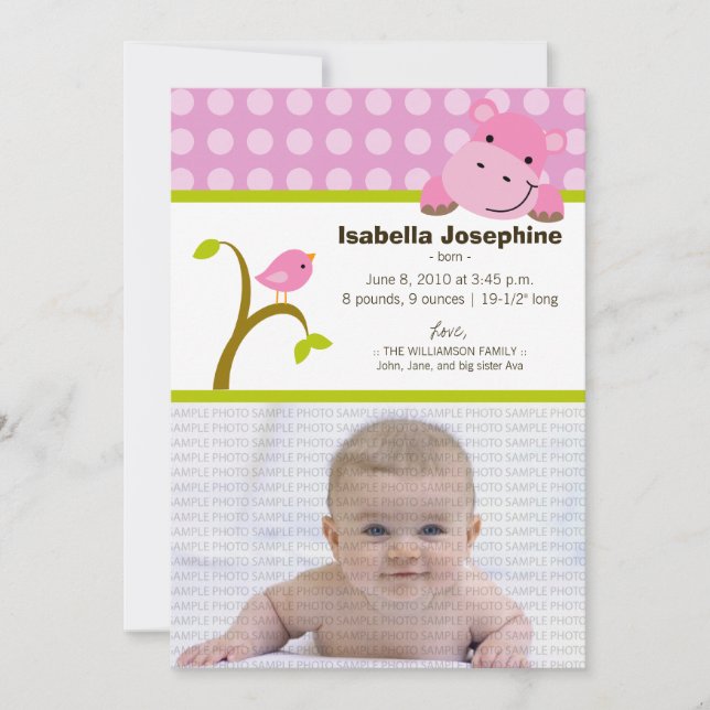 Hippo and Birdie Baby Birth Announcement (pink) (Front)