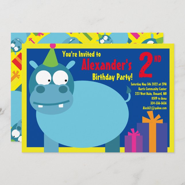 Hippo Animal Kid's Birthday Party Invitations (Front/Back)