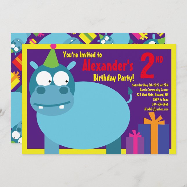Hippo Animal Kid's Birthday Party Invitations (Front/Back)