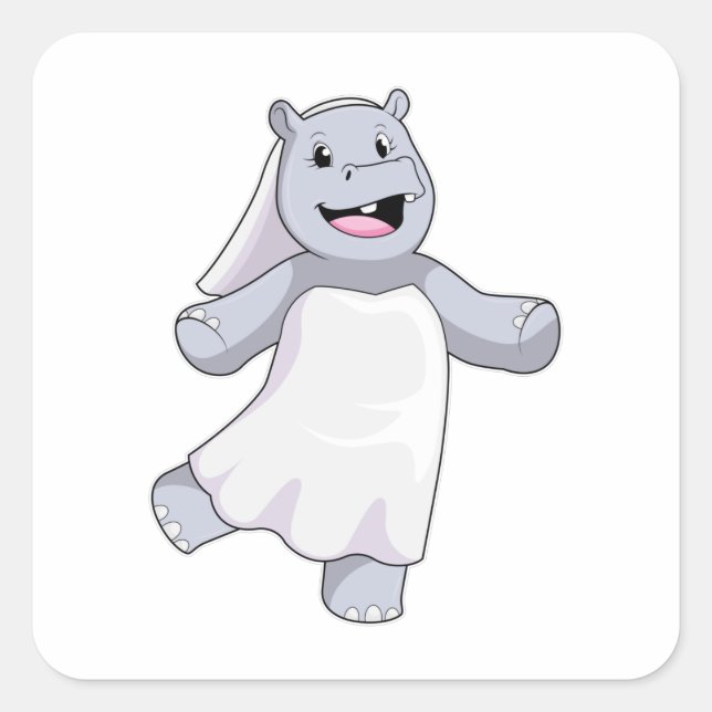 Hippo as Bride with Veil Square Sticker (Front)