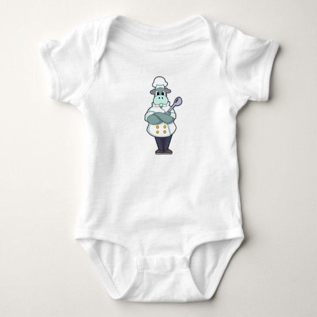 Hippo as Cook with Wooden spoon & Cooking apron Baby Bodysuit (Front)