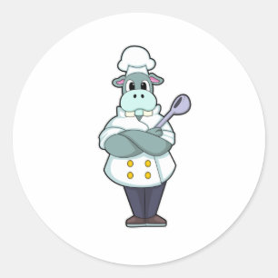 Hippo as Cook with Wooden spoon & Cooking apron Classic Round Sticker