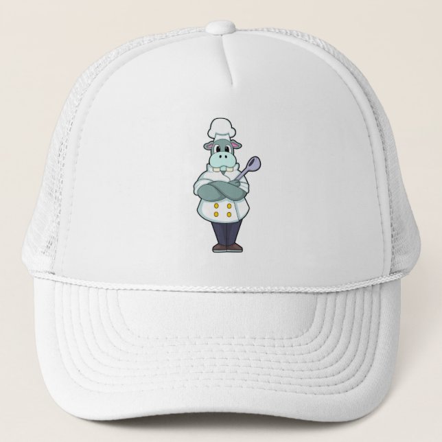 Hippo as Cook with Wooden spoon & Cooking apron Trucker Hat (Front)