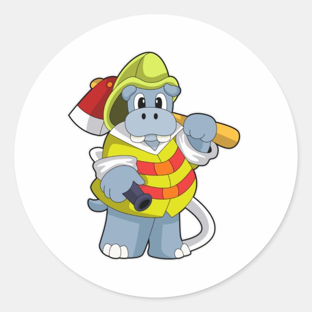 Hippo as Firefighter with Axe Classic Round Sticker (Front)