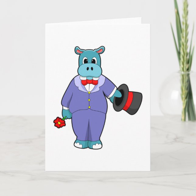 Hippo as Groom with Suit & Rose Card (Front)