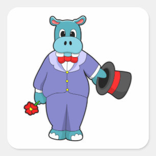 Hippo as Groom with Suit & Rose Square Sticker