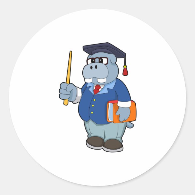 Hippo as Professor with Book Classic Round Sticker (Front)