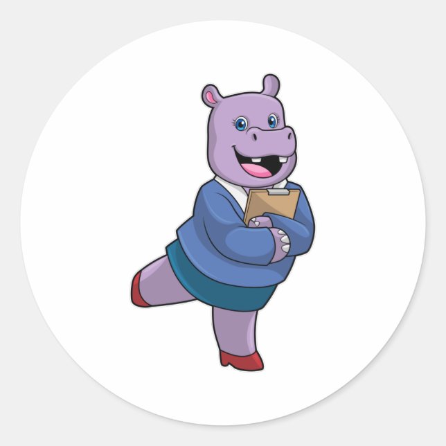 Hippo as Secretary with Notepad Classic Round Sticker (Front)