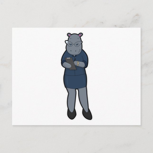 Hippo as Secretary with Notepad & Pen Postcard (Front)