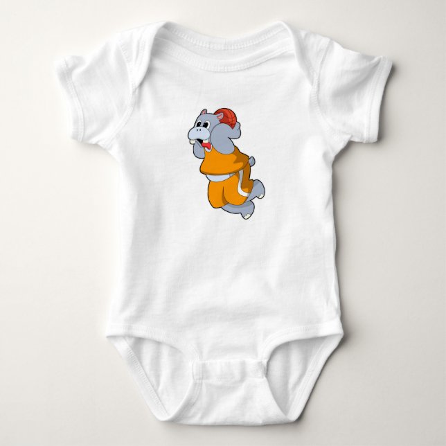 Hippo at Basketball Sports Baby Bodysuit (Front)