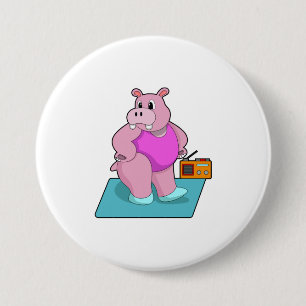 Hippo at Fitness with Radio.PNG 7.5 Cm Round Badge