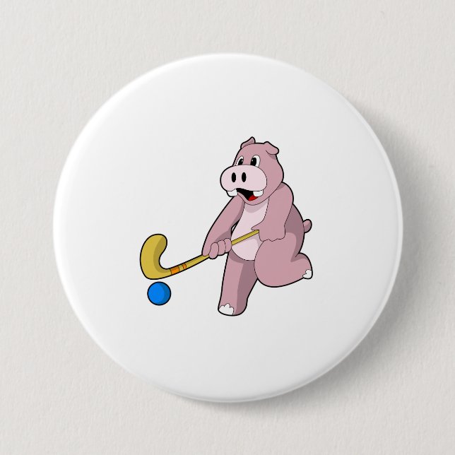 Hippo at Hockey with Hockey bat 7.5 Cm Round Badge (Front)