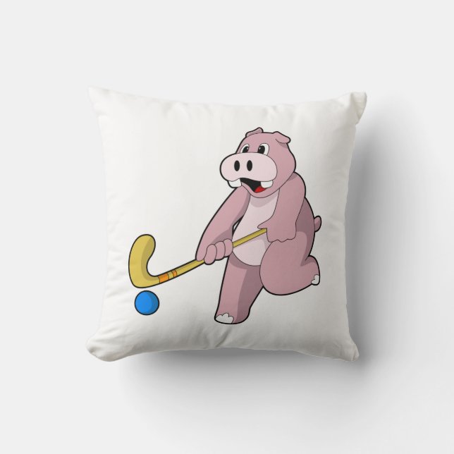 Hippo at Hockey with Hockey bat Cushion (Front)