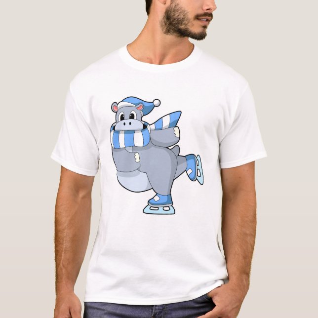 Hippo at Ice skating with Ice skates T-Shirt (Front)
