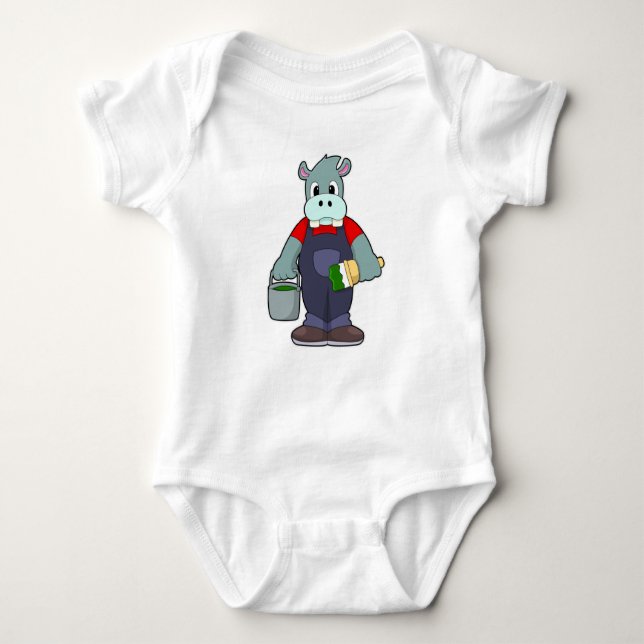 Hippo at Painting with Bucket of Paint & Brush Baby Bodysuit (Front)