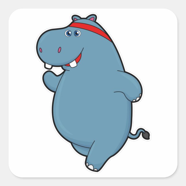 Hippo at Running with Headband Square Sticker (Front)
