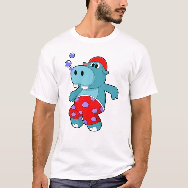 Hippo at Swimming with Swimming trunks T-Shirt (Front)