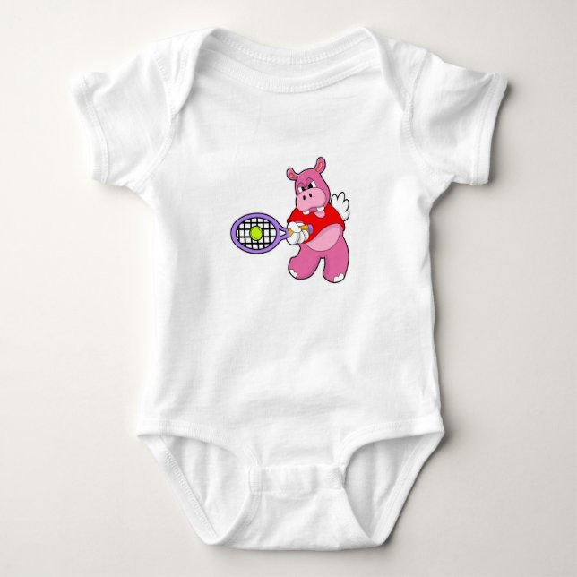 Hippo at Tennis with Tennis racket Baby Bodysuit (Front)
