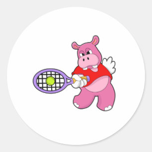 Hippo at Tennis with Tennis racket Classic Round Sticker