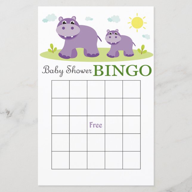 Hippo baby shower bingo card (Front)