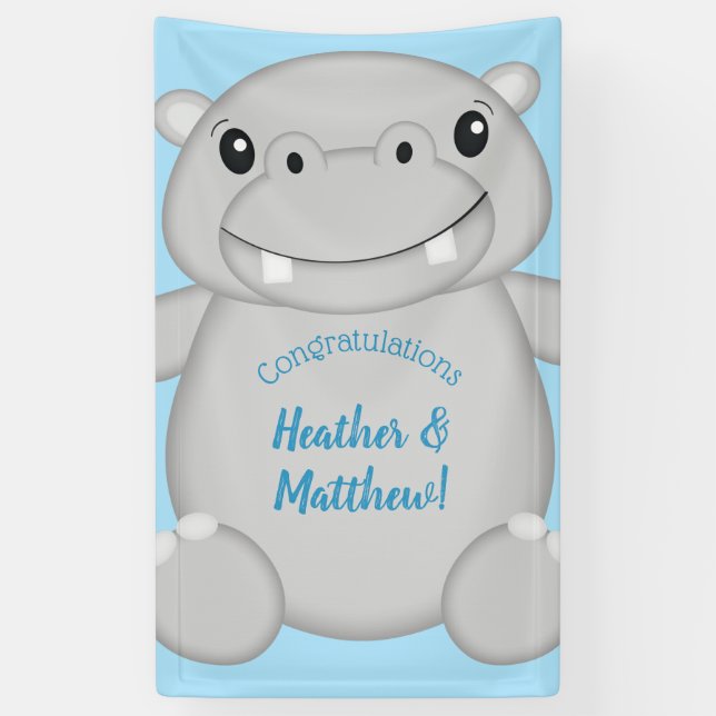 Hippo Baby Shower Blue Banner (Vertical)