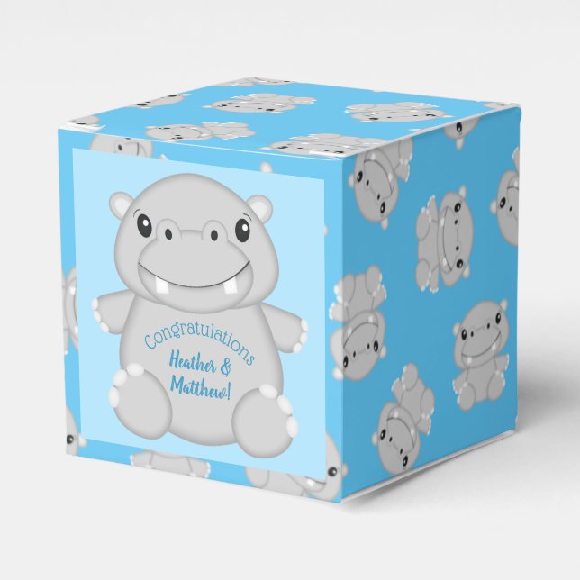 Hippo Baby Shower Blue Favour Box (Front Side)