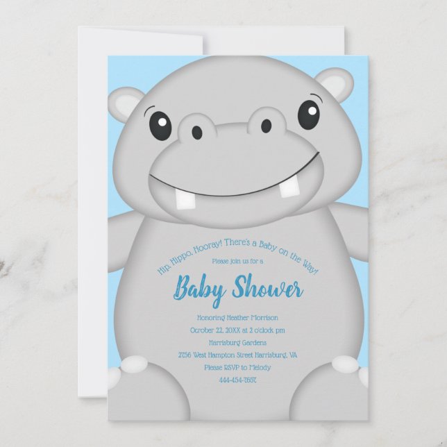 Hippo Baby Shower Blue Invitation (Front)