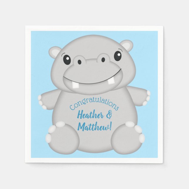 Hippo Baby Shower Blue Napkin (Front)