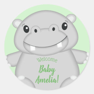 Hippo Baby Shower Green Classic Round Sticker