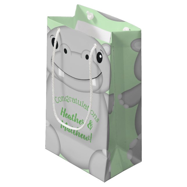 Hippo Baby Shower Green Small Gift Bag (Front Angled)