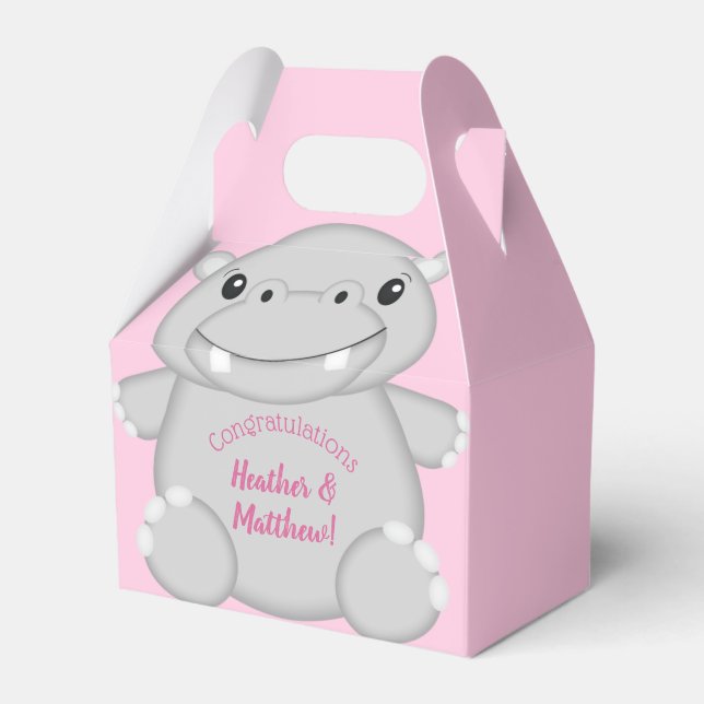 Hippo Baby Shower Pink Favour Box (Front Side)