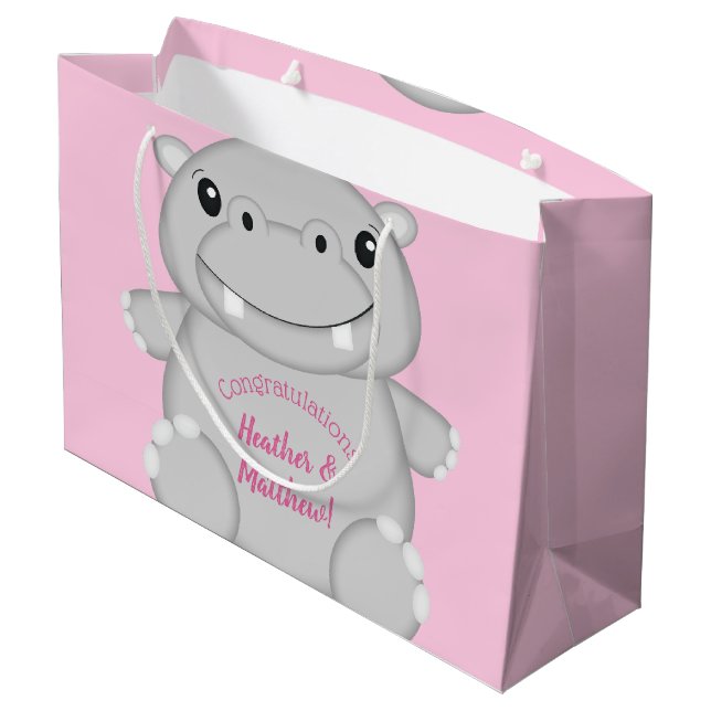 Hippo Baby Shower Pink Large Gift Bag (Back Angled)