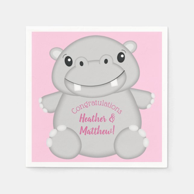 Hippo Baby Shower Pink Napkin (Front)