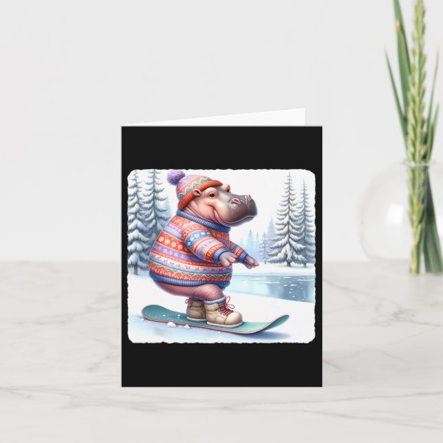 Hippo Balancing On Snowboard. Snowboarding Snowboa Card (Front)