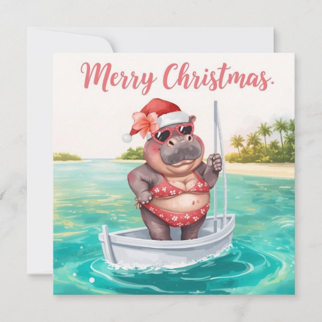 Hippo Bikini Christmas Sailling Holiday Card (Front)