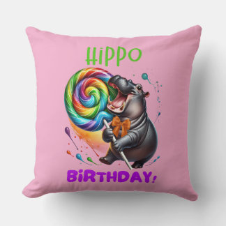 Hippo Birthday Cheerful, Colorful Candy Swirl | Cushion