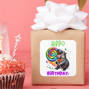 Hippo Birthday Cheerful, Colorful Candy Swirl Square Sticker
