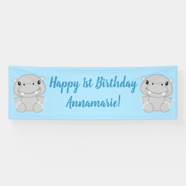 Hippo Birthday Party Blue Banner (Horizontal)
