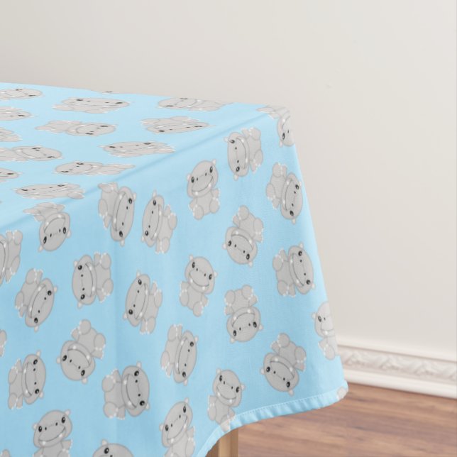Hippo Birthday Party Blue Tablecloth (In Situ)
