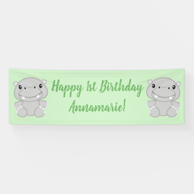 Hippo Birthday Party Green Banner (Horizontal)