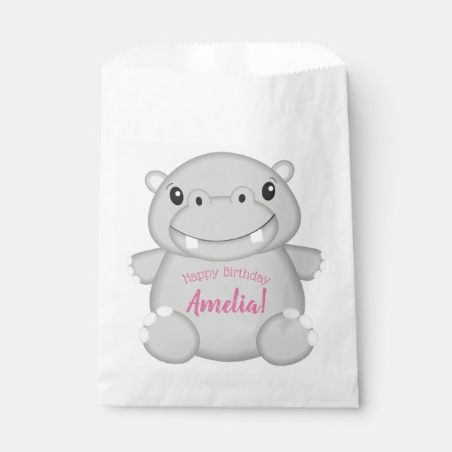Hippo Birthday Party Pink Favour Bags (Front)