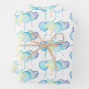 Hippo Birthday soft blue balloon gift Wrapping Paper Sheet