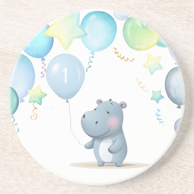 Hippo Birthday soft blue  Coaster (Front)