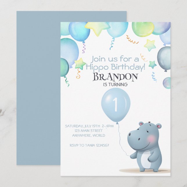 Hippo Birthday soft blue simple invitation (Front/Back)