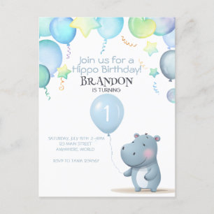 Hippo Birthday soft blue simple invitation Postcard