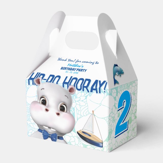 Hippo Blue Fish Boy Birthday Favour Box (Front Side)