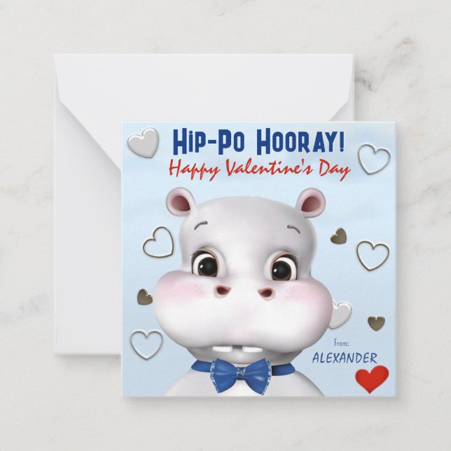 Hippo Boy Blue Classroom Valentine's Day Card (Front)