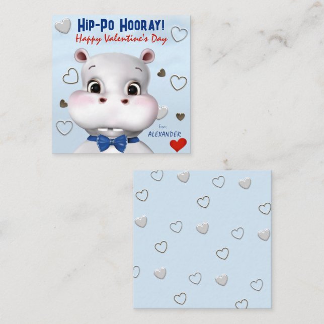 Hippo Boy Blue Classroom Valentine's Day Card (Front/Back)