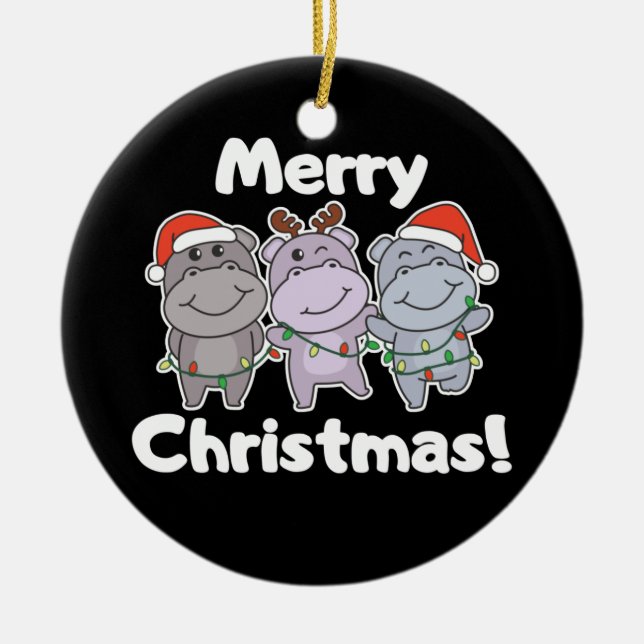 Hippo Christmas Animals Cute Hippos Merry Ceramic  Ceramic Tree Decoration (Front)