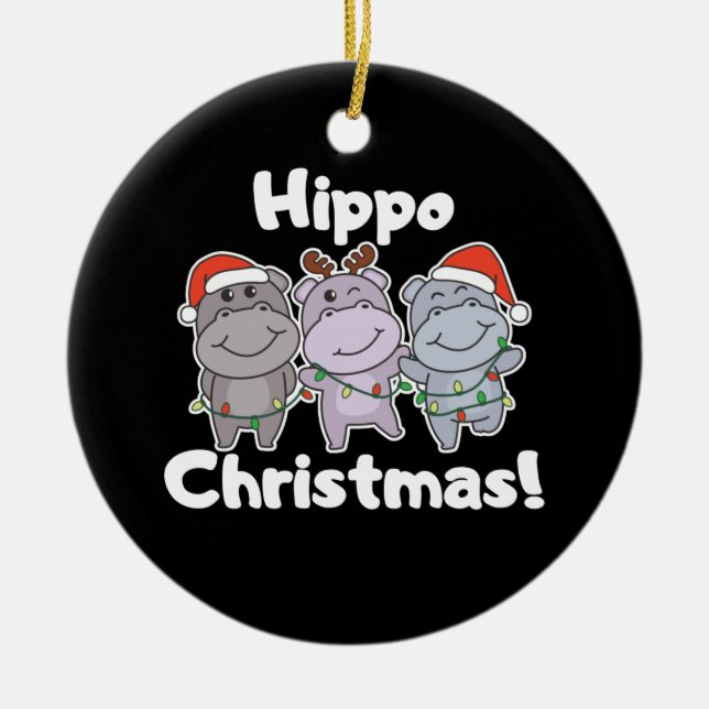 Hippo Christmas Animals Cute Hippos Merry Ceramic  Tree Decoration (Front)